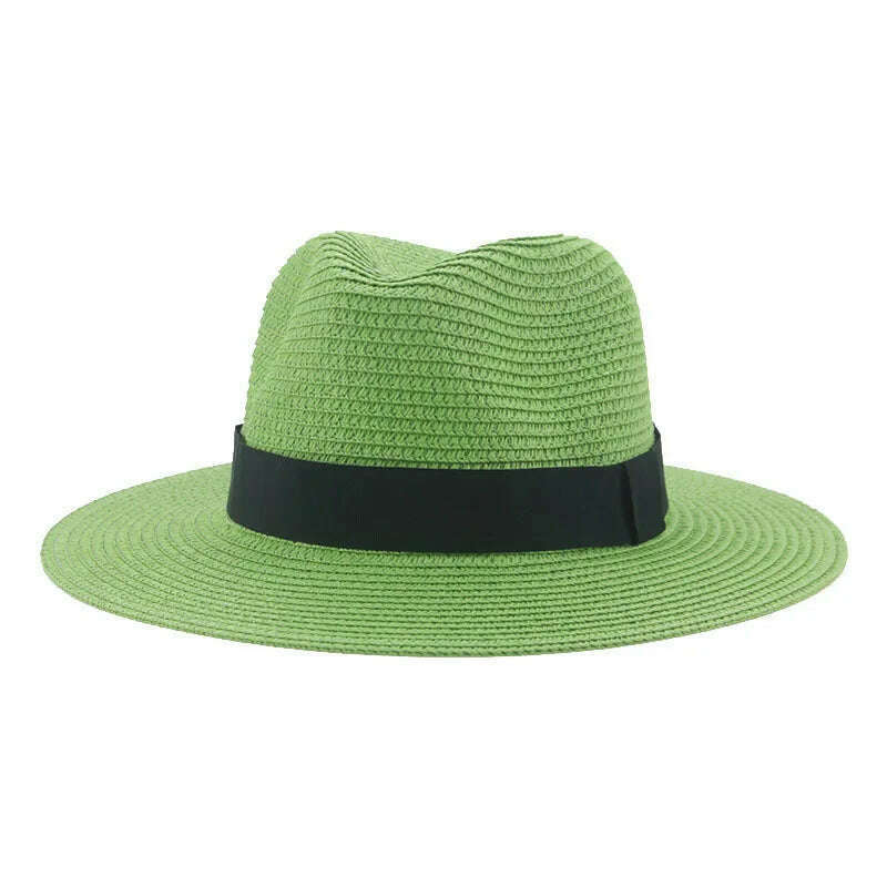 Black Ribbon Panama Straw Hat Flat Eaves Outdoor Spring and Summer Sunshade Beach Hats for Women - KIMLUD