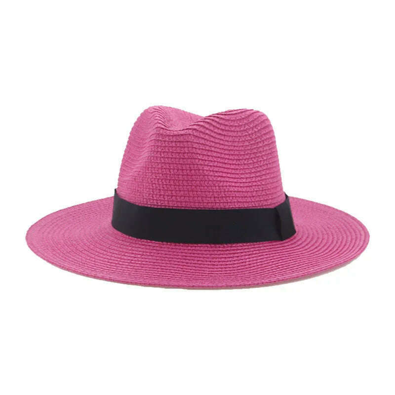 Black Ribbon Panama Straw Hat Flat Eaves Outdoor Spring and Summer Sunshade Beach Hats for Women - KIMLUD