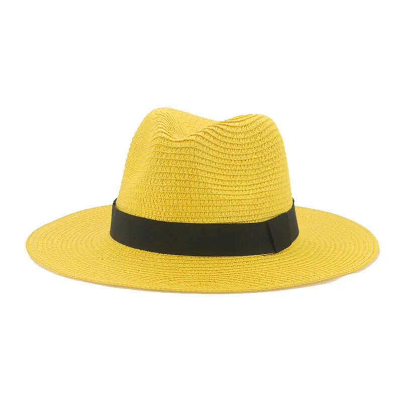 Black Ribbon Panama Straw Hat Flat Eaves Outdoor Spring and Summer Sunshade Beach Hats for Women - KIMLUD