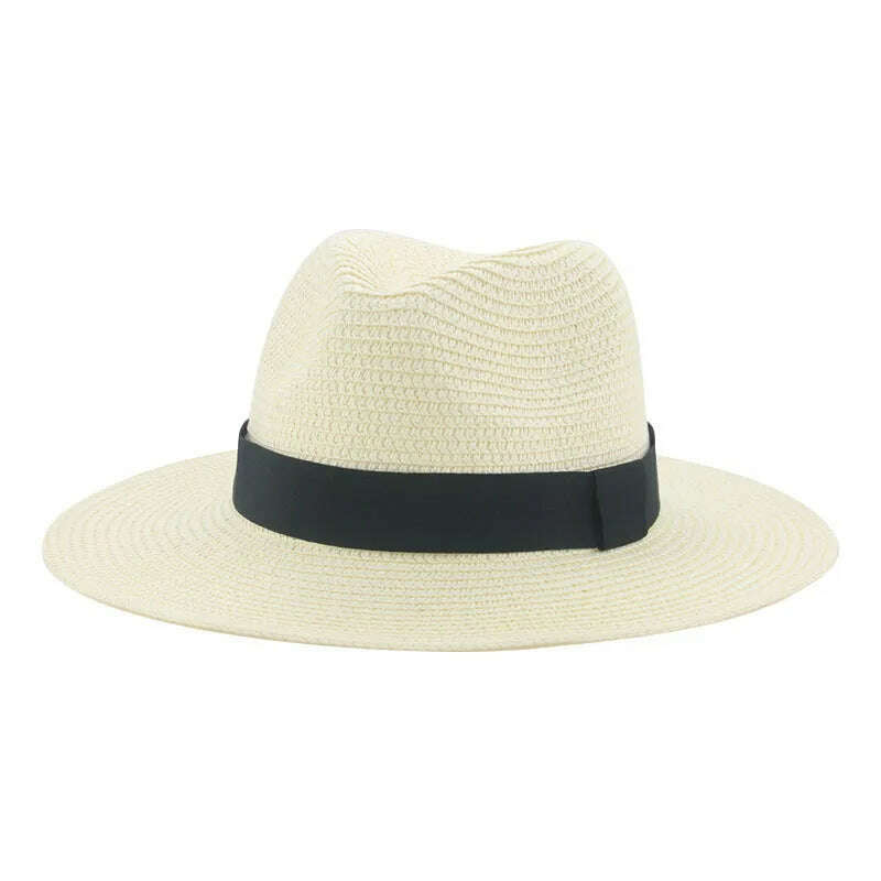 Black Ribbon Panama Straw Hat Flat Eaves Outdoor Spring and Summer Sunshade Beach Hats for Women - KIMLUD