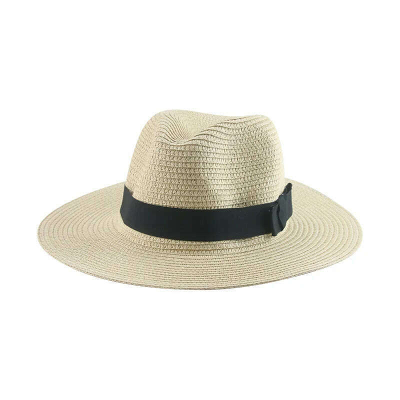 Black Ribbon Panama Straw Hat Flat Eaves Outdoor Spring and Summer Sunshade Beach Hats for Women - KIMLUD