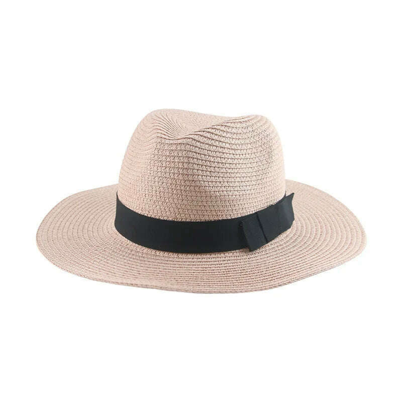 Black Ribbon Panama Straw Hat Flat Eaves Outdoor Spring and Summer Sunshade Beach Hats for Women - KIMLUD