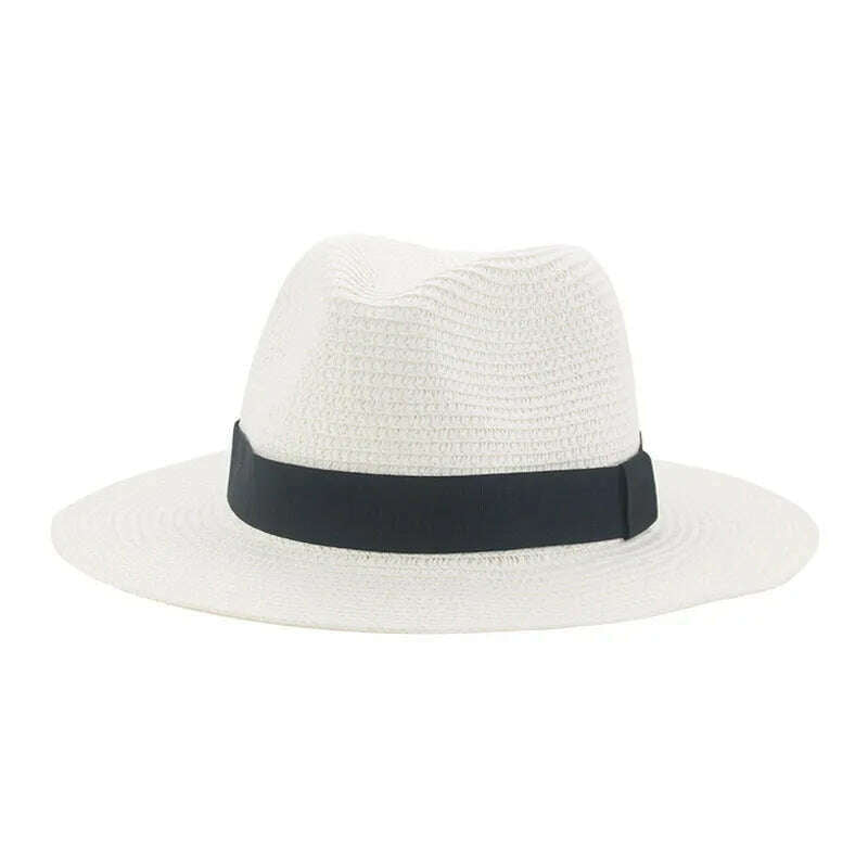 Black Ribbon Panama Straw Hat Flat Eaves Outdoor Spring and Summer Sunshade Beach Hats for Women - KIMLUD