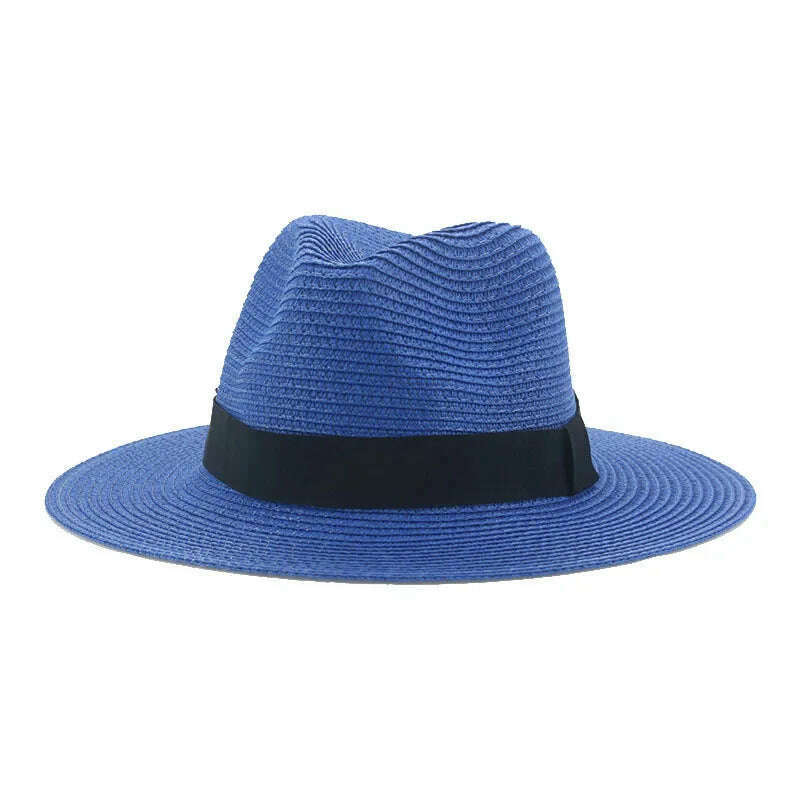 Black Ribbon Panama Straw Hat Flat Eaves Outdoor Spring and Summer Sunshade Beach Hats for Women - KIMLUD