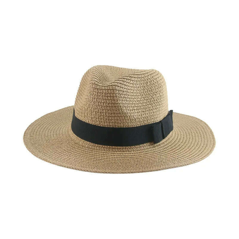 Black Ribbon Panama Straw Hat Flat Eaves Outdoor Spring and Summer Sunshade Beach Hats for Women - KIMLUD