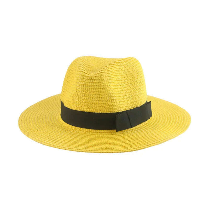 Black Ribbon Panama Straw Hat Flat Eaves Outdoor Spring and Summer Sunshade Beach Hats for Women - KIMLUD