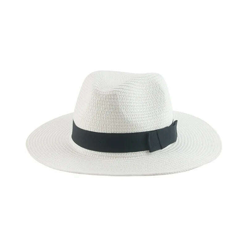 Black Ribbon Panama Straw Hat Flat Eaves Outdoor Spring and Summer Sunshade Beach Hats for Women - KIMLUD