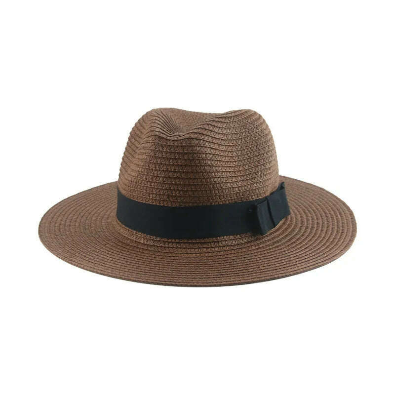 Black Ribbon Panama Straw Hat Flat Eaves Outdoor Spring and Summer Sunshade Beach Hats for Women - KIMLUD