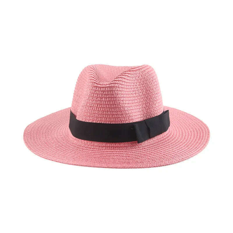 Black Ribbon Panama Straw Hat Flat Eaves Outdoor Spring and Summer Sunshade Beach Hats for Women - KIMLUD