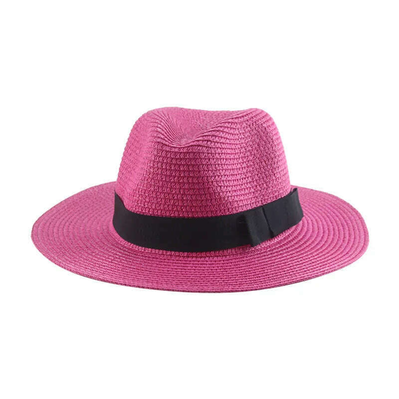 Black Ribbon Panama Straw Hat Flat Eaves Outdoor Spring and Summer Sunshade Beach Hats for Women - KIMLUD