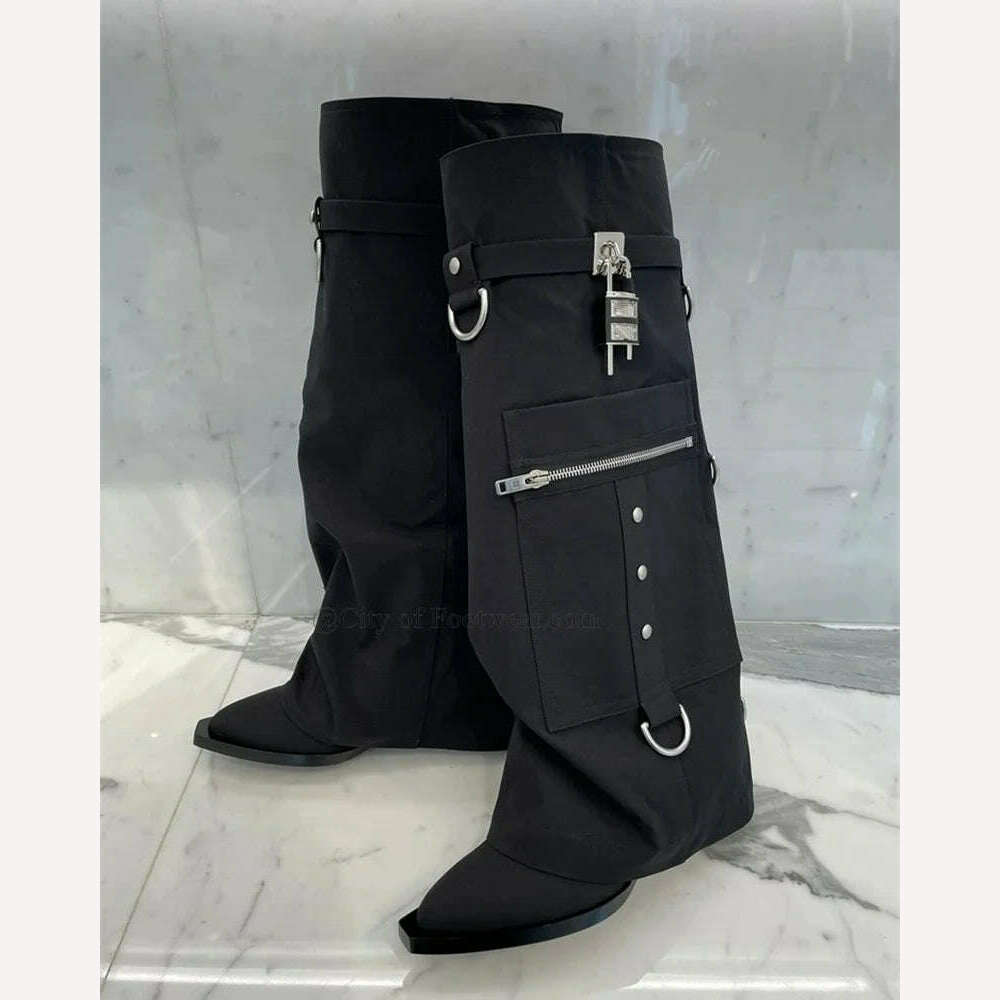 Black Stud Padlock Shark Boots Pointed Toe Cool Cowboy Boots 2023 Winter New Luxury Runway Shoes for Women Free Shipping - KIMLUD