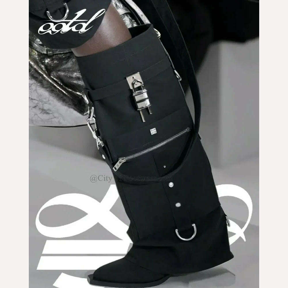 Black Stud Padlock Shark Boots Pointed Toe Cool Cowboy Boots 2023 Winter New Luxury Runway Shoes for Women Free Shipping - KIMLUD
