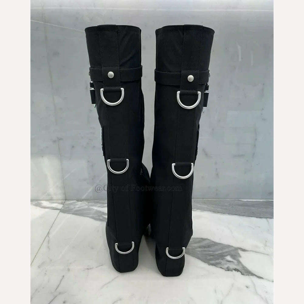 Black Stud Padlock Shark Boots Pointed Toe Cool Cowboy Boots 2023 Winter New Luxury Runway Shoes for Women Free Shipping - KIMLUD