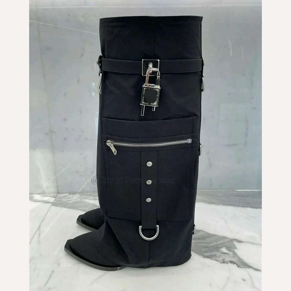 Black Stud Padlock Shark Boots Pointed Toe Cool Cowboy Boots 2023 Winter New Luxury Runway Shoes for Women Free Shipping - KIMLUD