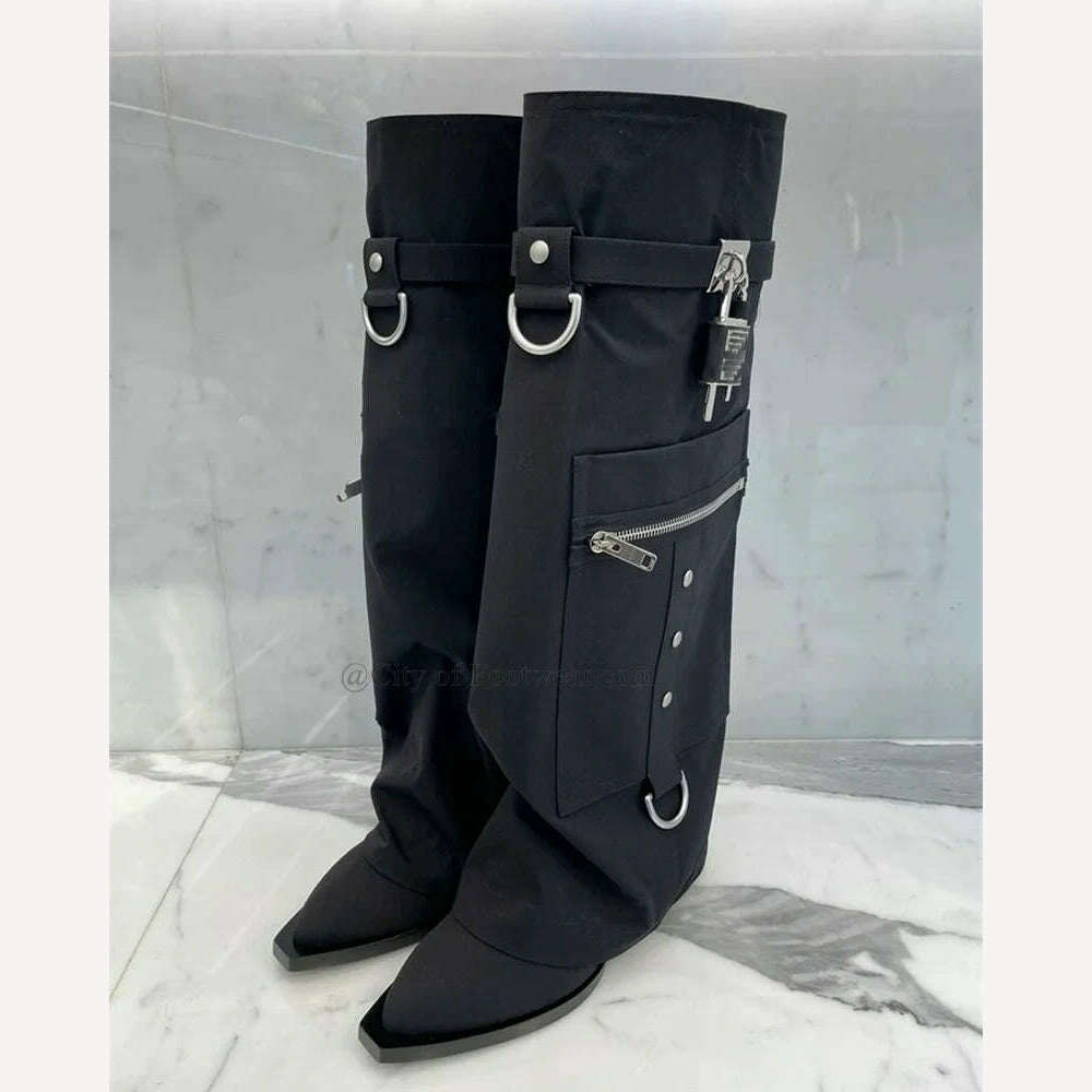 Black Stud Padlock Shark Boots Pointed Toe Cool Cowboy Boots 2023 Winter New Luxury Runway Shoes for Women Free Shipping - KIMLUD