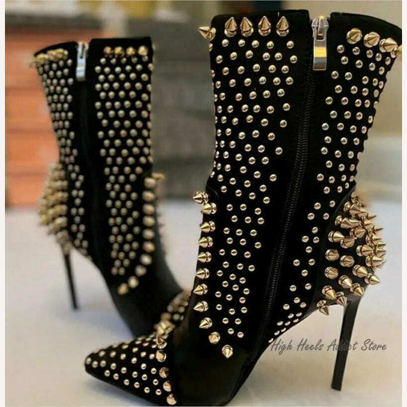 KIMLUD, Black Studded Luxury Ankle Boots Women Sexy Full Stud High Heels Leather Booties Designer Party Stage Dress Shoes Free Shipping, KIMLUD Womens Clothes