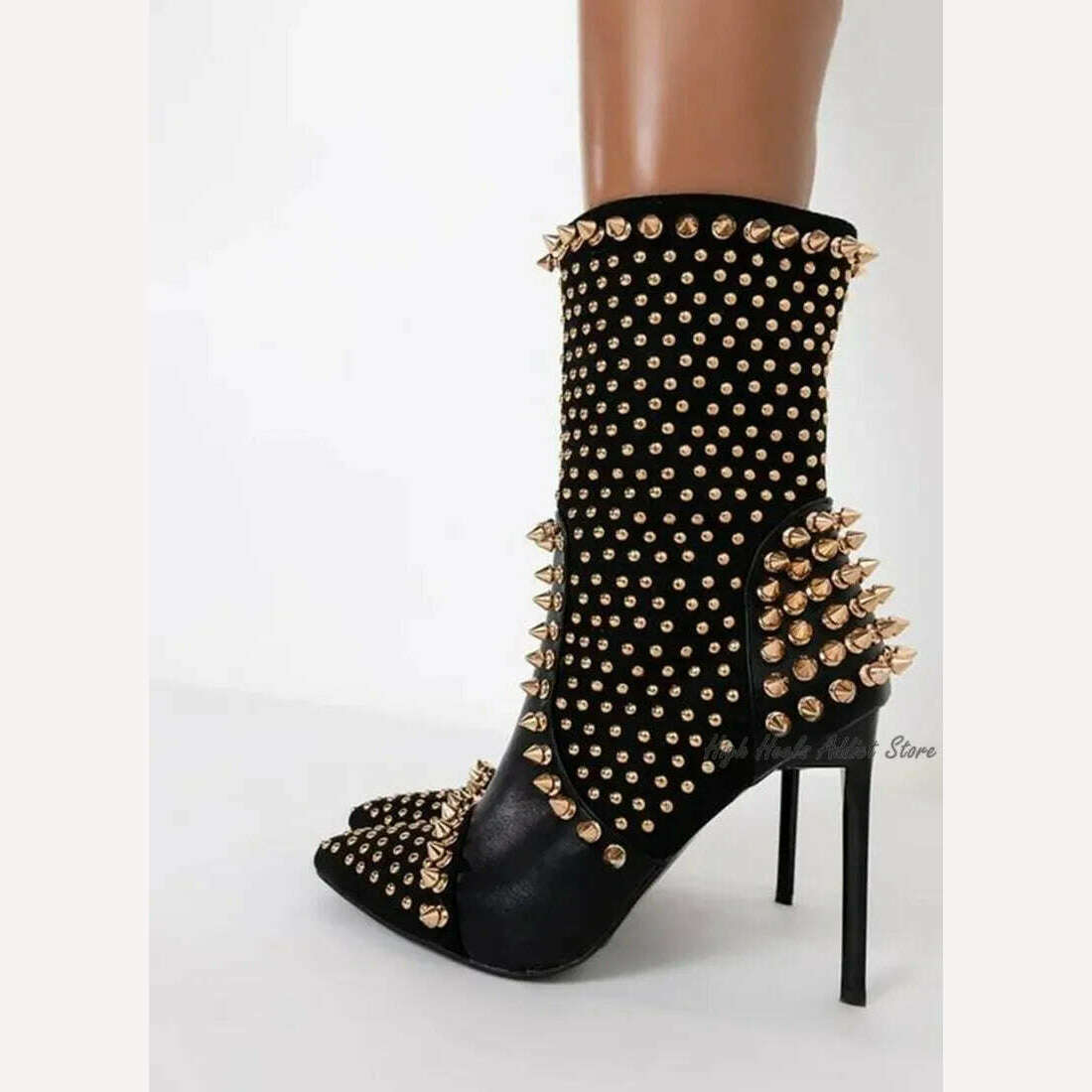 Black Studded Luxury Ankle Boots Women Sexy Full Stud High Heels Leather Booties Designer Party Stage Dress Shoes Free Shipping - KIMLUD