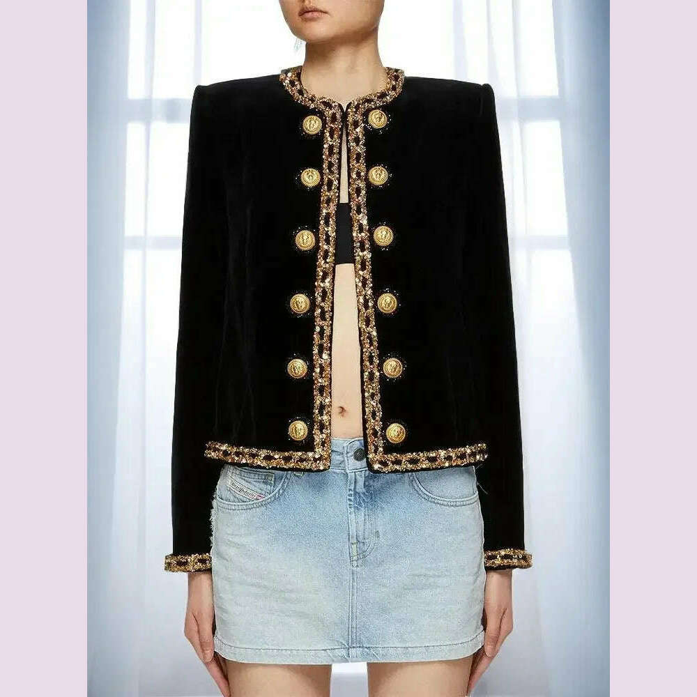 Black Velvet Jacket Women 2024 New Designer Beaded Sequins Chain Velvet Short Cardigan Coat New in Outerwears Jackets Blazer - KIMLUD