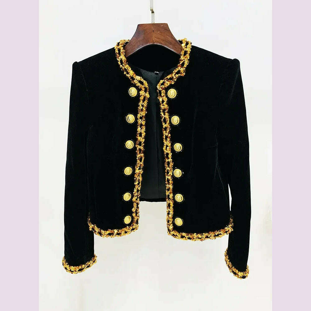 Black Velvet Jacket Women 2024 New Designer Beaded Sequins Chain Velvet Short Cardigan Coat New in Outerwears Jackets Blazer - KIMLUD