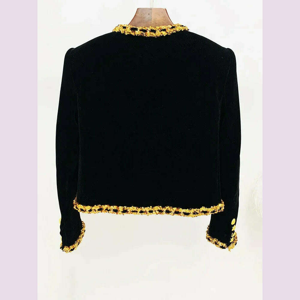 Black Velvet Jacket Women 2024 New Designer Beaded Sequins Chain Velvet Short Cardigan Coat New in Outerwears Jackets Blazer - KIMLUD