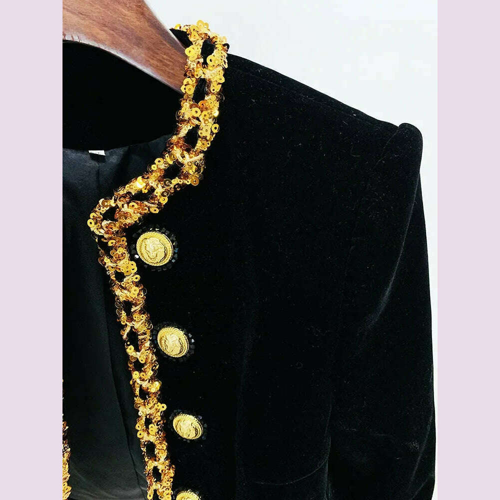 Black Velvet Jacket Women 2024 New Designer Beaded Sequins Chain Velvet Short Cardigan Coat New in Outerwears Jackets Blazer - KIMLUD