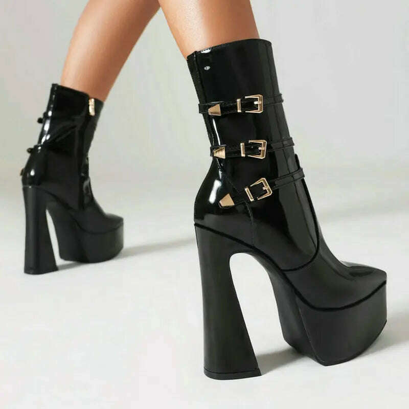 Black White Red Women Ankle Boots Platform Square High Heel Ladies Sho Black White Red Women Ankle Boots Platform Square High Heel Ladies Sho