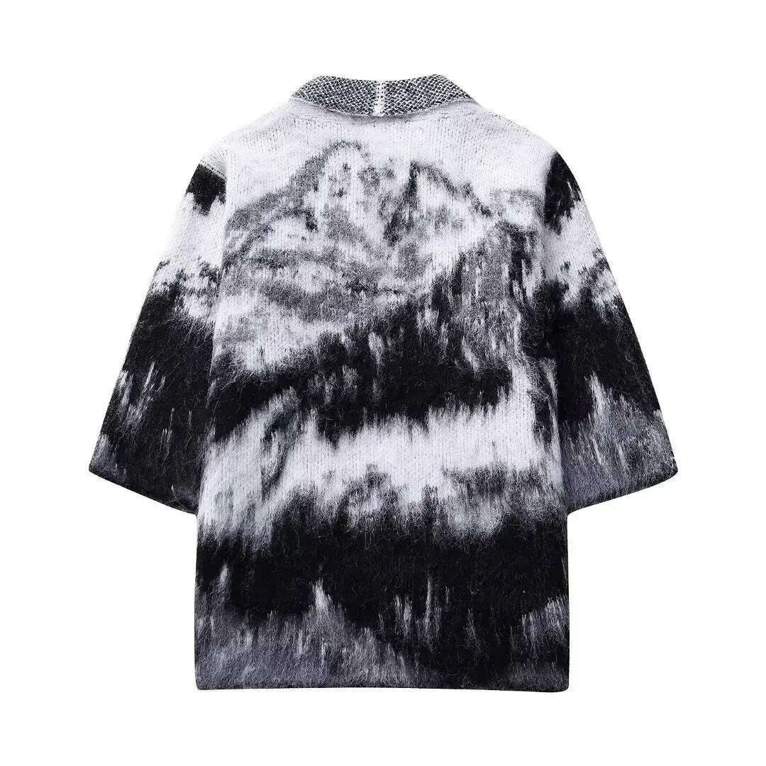 KIMLUD, Black White Tie Dye Mohair Sweater Cardigan For Women Fashion V Neck Long Sleeve Knitted Coat 2023 Autumn New Female Knitwear, KIMLUD Womens Clothes