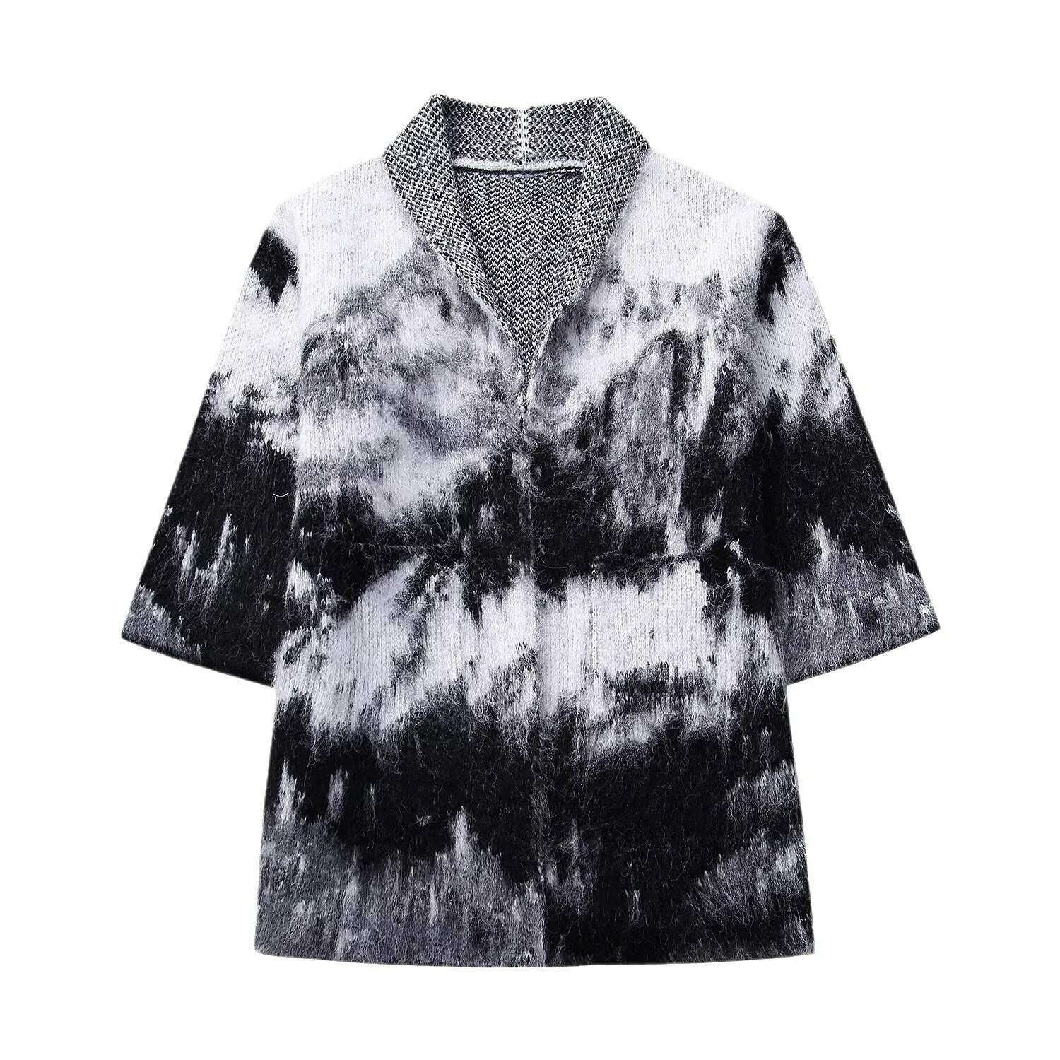 KIMLUD, Black White Tie Dye Mohair Sweater Cardigan For Women Fashion V Neck Long Sleeve Knitted Coat 2023 Autumn New Female Knitwear, KIMLUD Womens Clothes