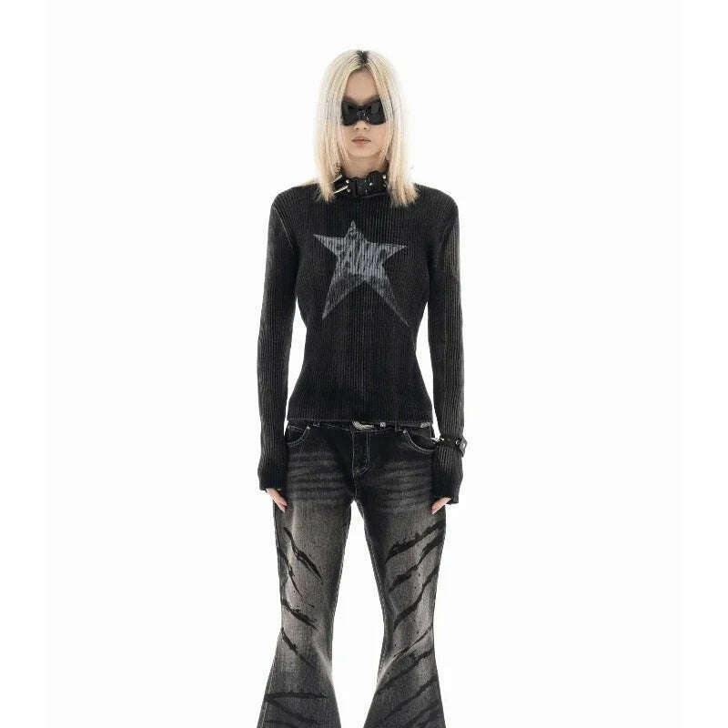 Black Women Pullovers Vintage American Star-print Irregular Retro Vibe Knit Leisure Streetwear Harajuku Sweaters Y2k Students BF - KIMLUD
