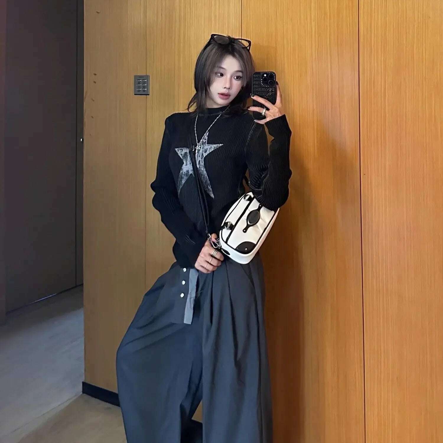 Black Women Pullovers Vintage American Star-print Irregular Retro Vibe Knit Leisure Streetwear Harajuku Sweaters Y2k Students BF - KIMLUD
