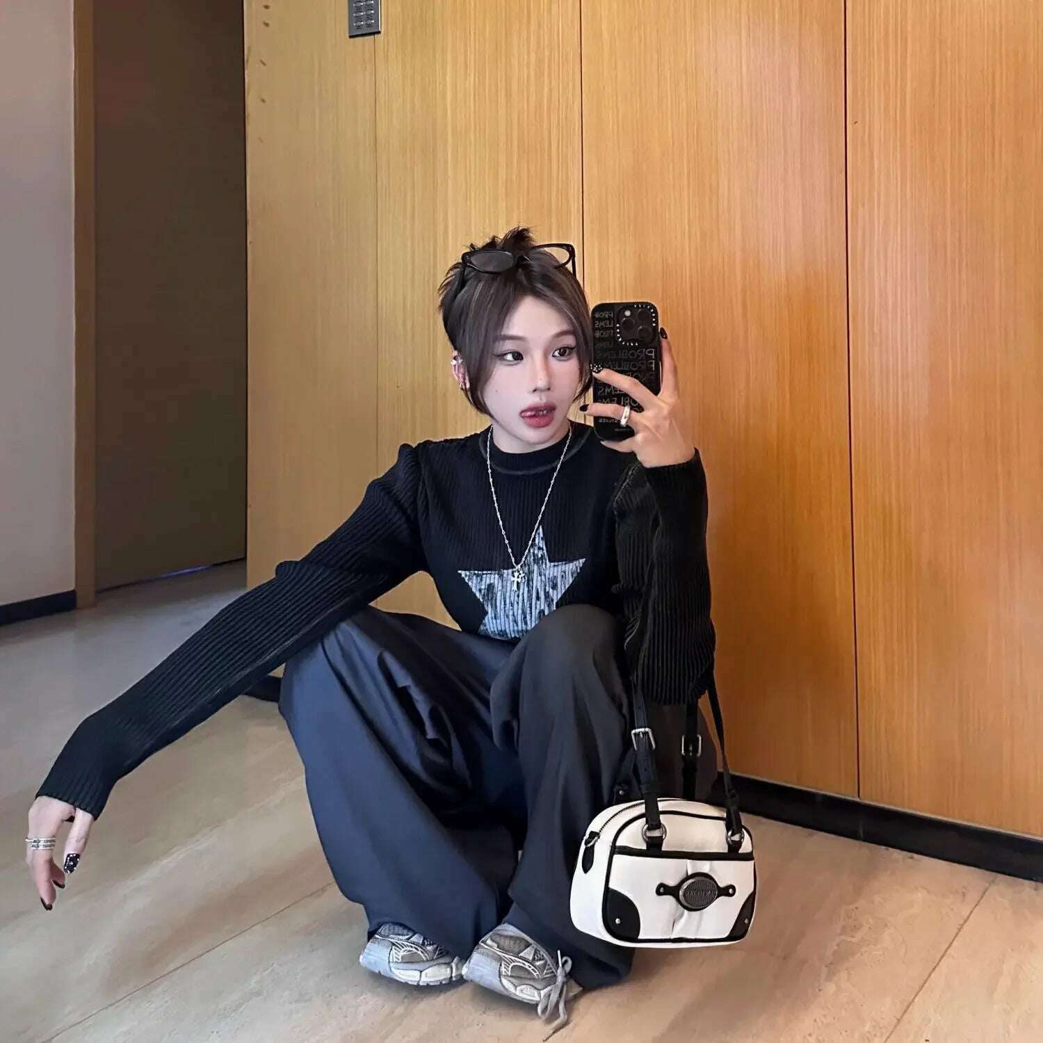 Black Women Pullovers Vintage American Star-print Irregular Retro Vibe Knit Leisure Streetwear Harajuku Sweaters Y2k Students BF - KIMLUD