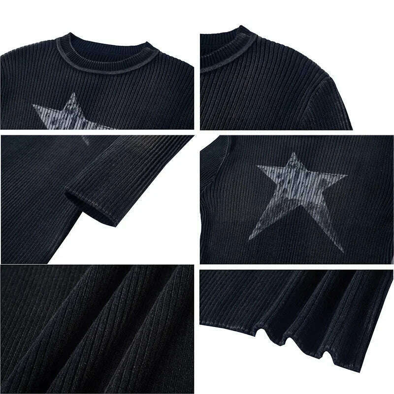 Black Women Pullovers Vintage American Star-print Irregular Retro Vibe Knit Leisure Streetwear Harajuku Sweaters Y2k Students BF - KIMLUD