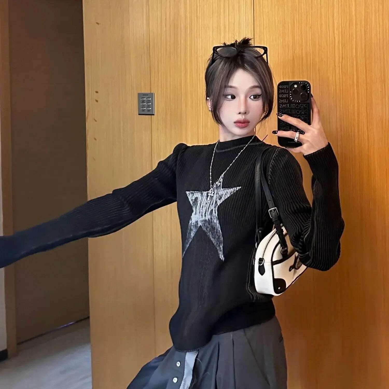 Black Women Pullovers Vintage American Star-print Irregular Retro Vibe Knit Leisure Streetwear Harajuku Sweaters Y2k Students BF - KIMLUD