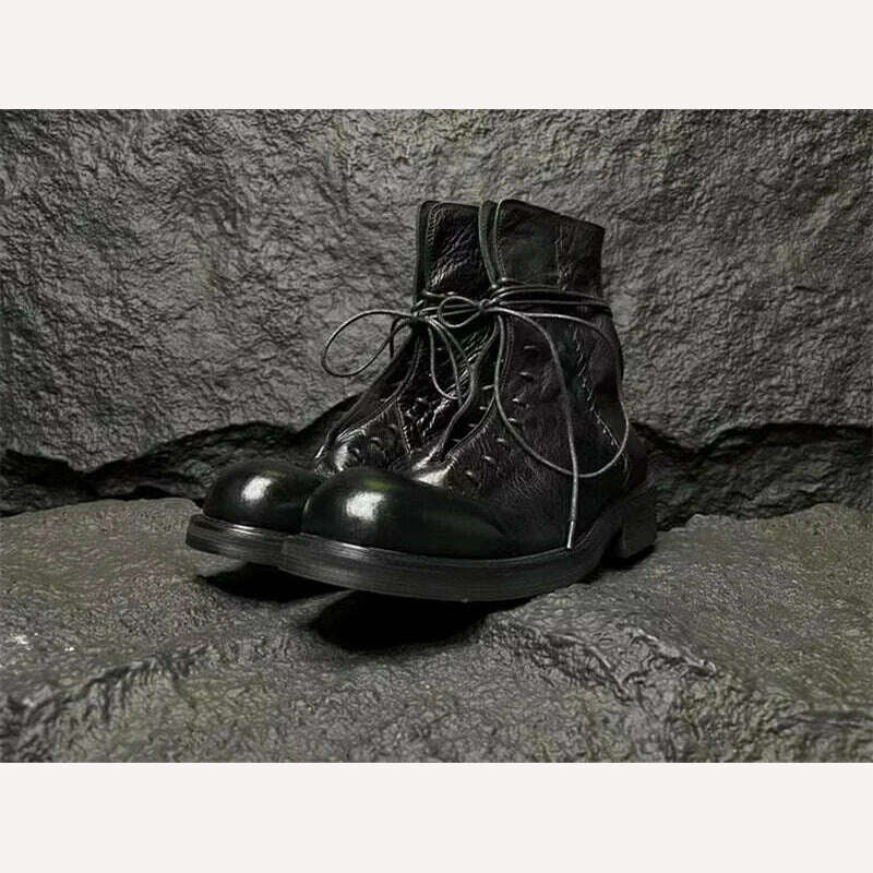 KIMLUD, Black& Street Exclusive Handmade Jul 22ss Personalized Washed Leather Weave Shoelace Big Toe Boots, 3 / 38, KIMLUD Womens Clothes