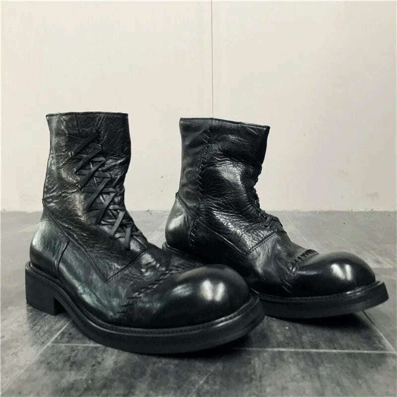 KIMLUD, Black& Street Exclusive Handmade Jul 22ss Personalized Washed Leather Weave Shoelace Big Toe Boots, 2 / 38, KIMLUD Womens Clothes