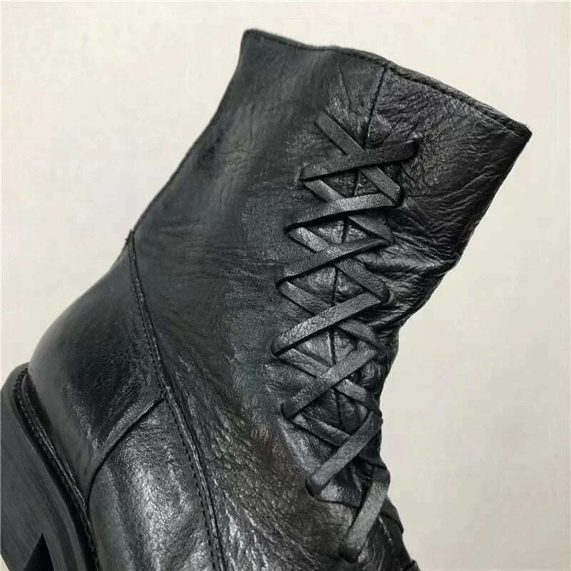 KIMLUD, Black& Street Exclusive Handmade Jul 22ss Personalized Washed Leather Weave Shoelace Big Toe Boots, KIMLUD Womens Clothes