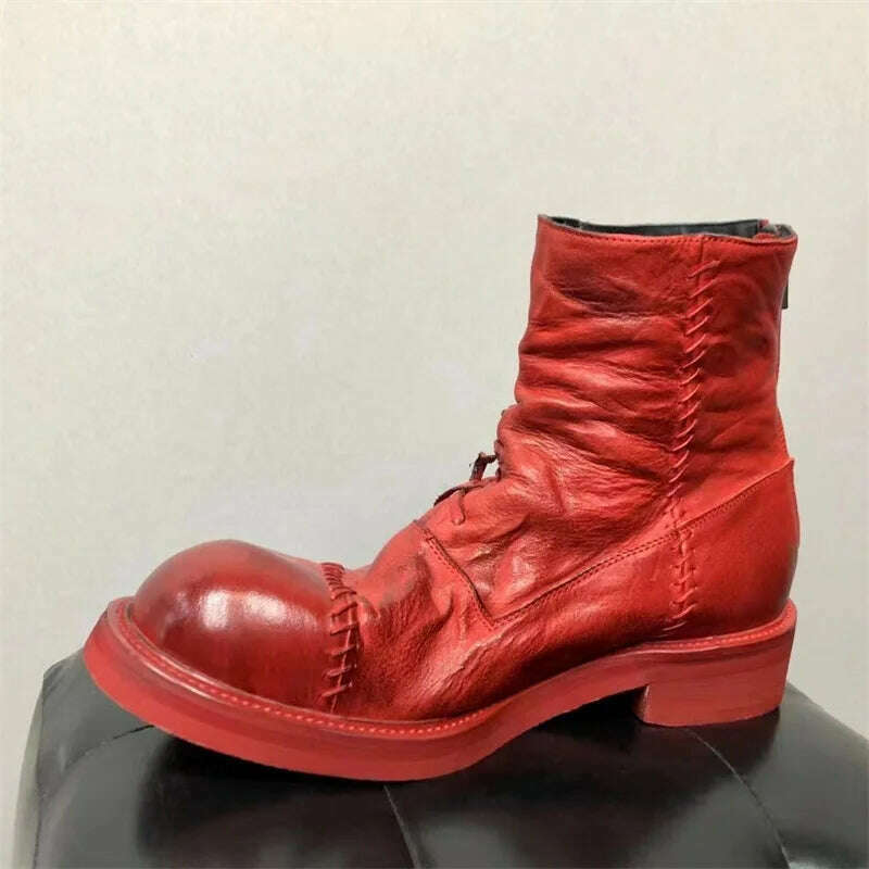 KIMLUD, Black& Street Exclusive Handmade Jul 22ss Personalized Washed Leather Weave Shoelace Big Toe Boots, KIMLUD Womens Clothes