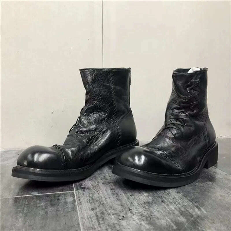 KIMLUD, Black& Street Exclusive Handmade Jul 22ss Personalized Washed Leather Weave Shoelace Big Toe Boots, KIMLUD Womens Clothes