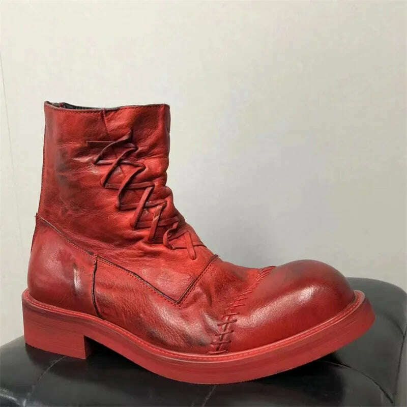 KIMLUD, Black& Street Exclusive Handmade Jul 22ss Personalized Washed Leather Weave Shoelace Big Toe Boots, KIMLUD Womens Clothes