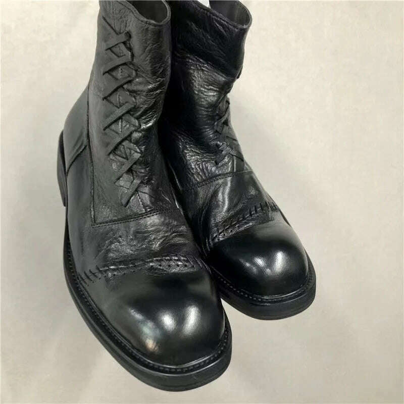KIMLUD, Black& Street Exclusive Handmade Jul 22ss Personalized Washed Leather Weave Shoelace Big Toe Boots, KIMLUD Womens Clothes