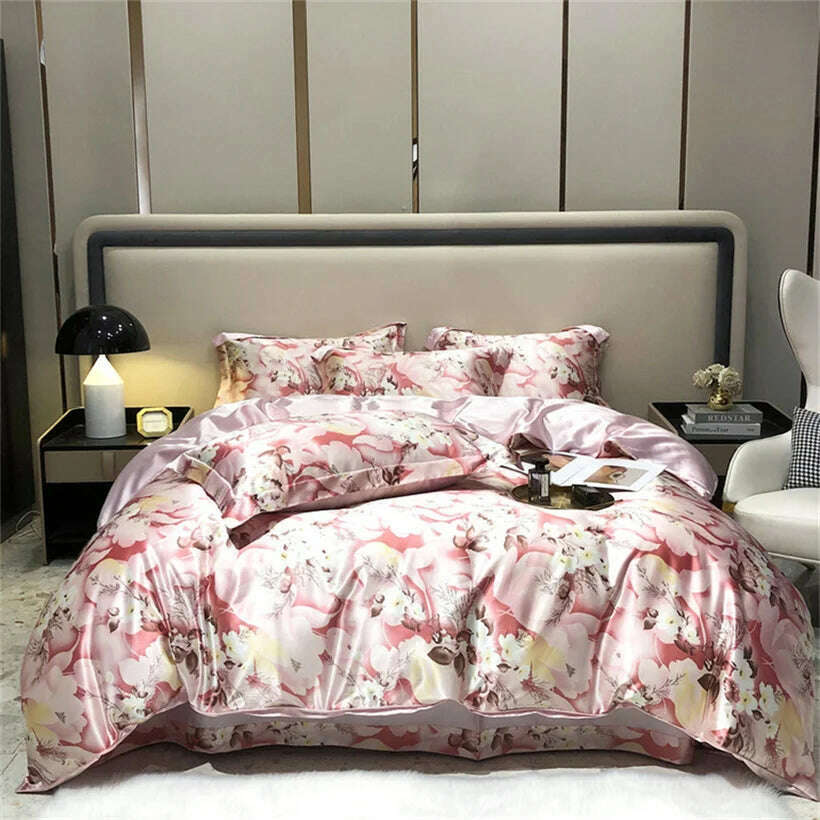Blend Mulberry Silk 4 Pieces Bedding Set, 1PC Duvet Cover, 1PC Bed Sheet, 2PCS Pillowcases, Luxury Home Textiles Bedclothes - KIMLUD