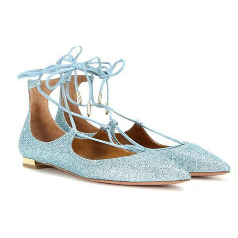 KIMLUD, Bling Bling Cross Lace-Up Ballet Flats Shoes Gold Blue Sequins Pointy Toe Women Leisure Flat Shoes Spring Zapatos, KIMLUD Womens Clothes