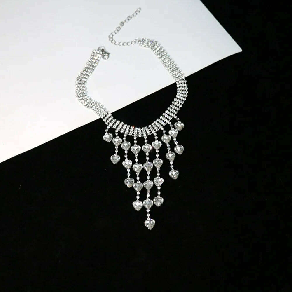 KIMLUD, Bling Crystal Heart Tassel Bridal Choker Necklace Statement Jewelry for Women Luxury Rhinestone Collar Necklace Wedding Gift, KIMLUD Womens Clothes
