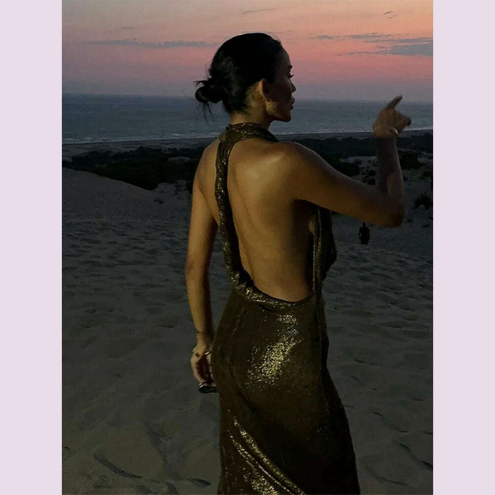 Bling Glitter Women Halter Maxi Dress Sexy V Neck Backless Lady Long Dresses Party Evening Birthday Clothes Elegant Prom Vestido - KIMLUD