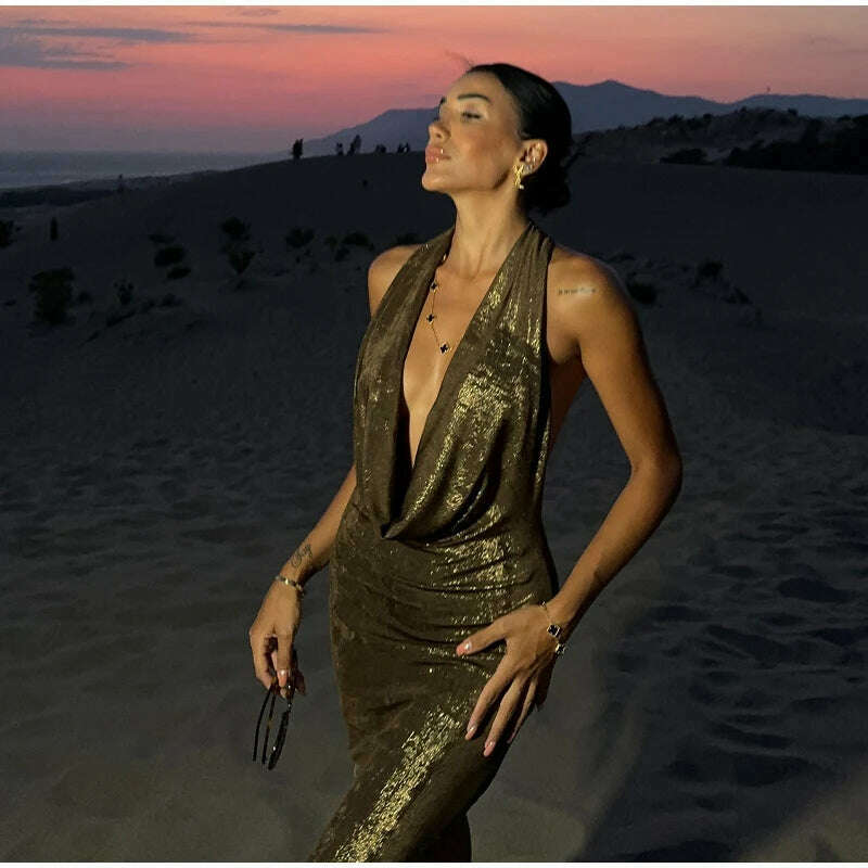 Bling Glitter Women Halter Maxi Dress Sexy V Neck Backless Lady Long Dresses Party Evening Birthday Clothes Elegant Prom Vestido - KIMLUD