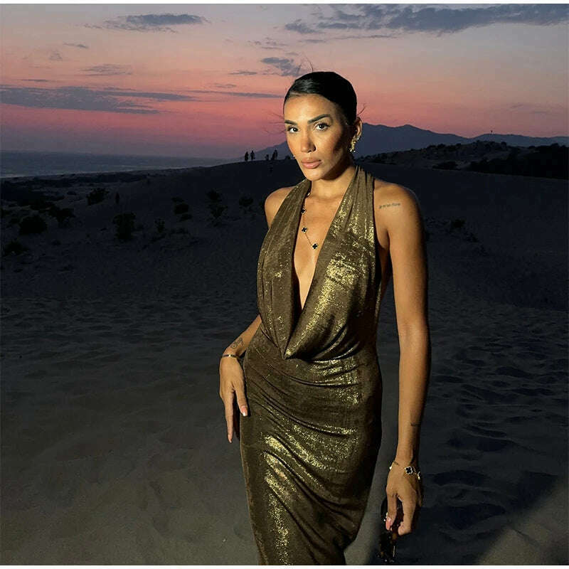 Bling Glitter Women Halter Maxi Dress Sexy V Neck Backless Lady Long Dresses Party Evening Birthday Clothes Elegant Prom Vestido - KIMLUD