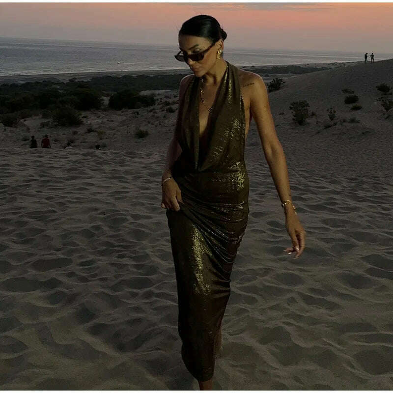 Bling Glitter Women Halter Maxi Dress Sexy V Neck Backless Lady Long Dresses Party Evening Birthday Clothes Elegant Prom Vestido - KIMLUD