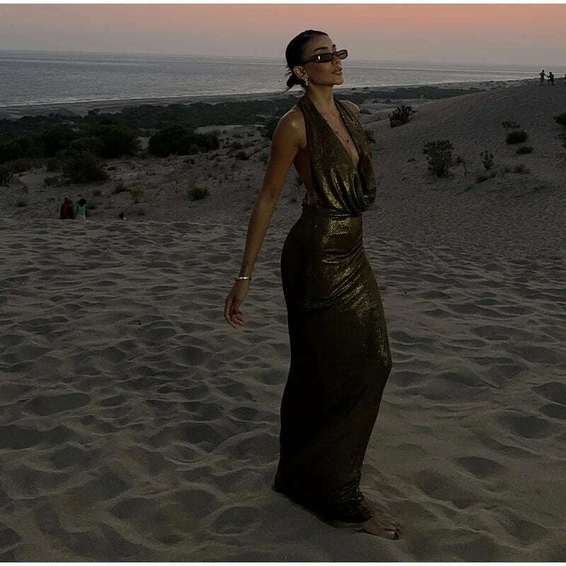 Bling Glitter Women Halter Maxi Dress Sexy V Neck Backless Lady Long Dresses Party Evening Birthday Clothes Elegant Prom Vestido - KIMLUD