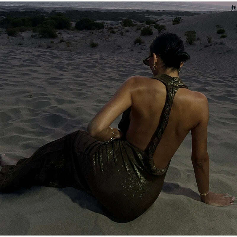 Bling Glitter Women Halter Maxi Dress Sexy V Neck Backless Lady Long Dresses Party Evening Birthday Clothes Elegant Prom Vestido - KIMLUD