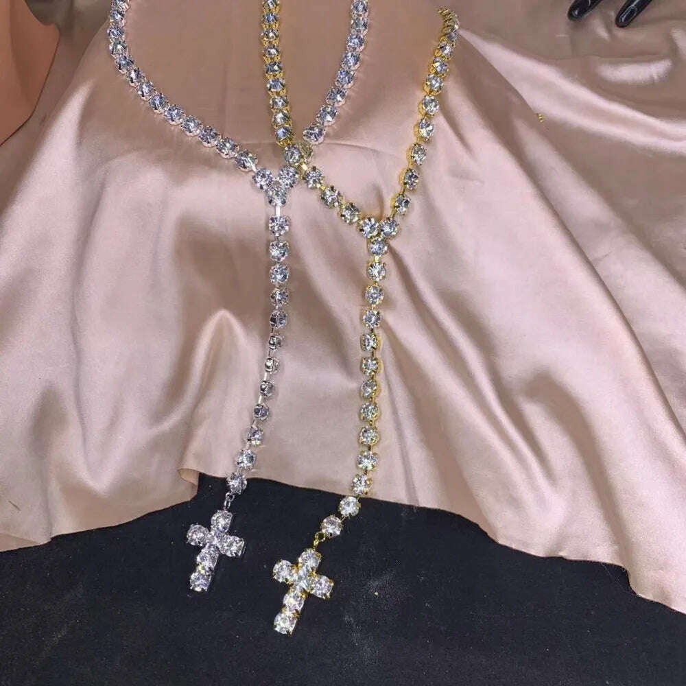 Bling Rhinestone Big Cross Pendant Choker Necklace Dinner Jewelry for Women Crystal Charm Y Shape Necklace Collar Body Jewelry - KIMLUD